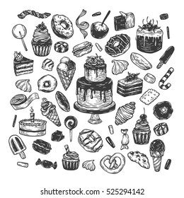 Vector sweets. Set of hand drawn sweets. Pastry, sweetmeat, desserts. Cakes, ice cream, donuts, cupcakes, candy, bakery.