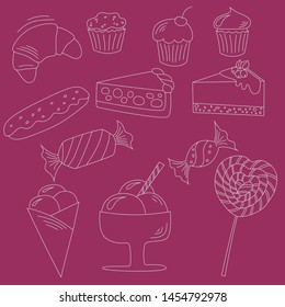Vector sweets set with lollipop, croissant, cupcake, pie, ice cream, eclair, candy. Doodle style