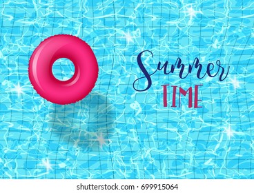 vector swim ring on swimming pool Turquoise rippled water texture.illustration on a blue textured background Inflatable rubber toy. Realistic  Pool party Summer time poster Top view swimming circles.