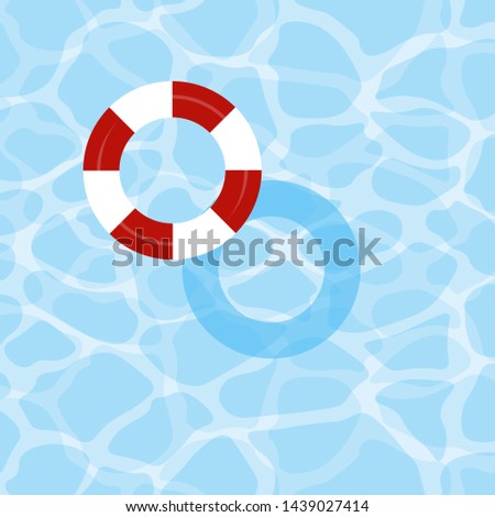 vector swim ring on swimming pool Turquoise rippled water texture.illustration on a blue textured background Inflatable rubber toy. Realistic Pool party Summer time poster Top view swimming circles.