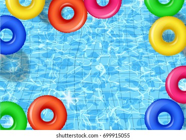 vector swim rings on swimming pool Turquoise rippled water texture template. illustration on textured background. Inflatable rubber toy. Realistic  Pool party Summer poster Top view swimming circles.