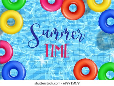 vector swim rings on swimming pool Turquoise rippled water texture.illustration on a blue textured background Inflatable rubber toy. Realistic  Pool party Summer time poster Top view swimming circles.