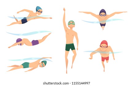 Vector swimmers. Various characters swimmers in action poses. Swimmer character, sport man action in pool illustration