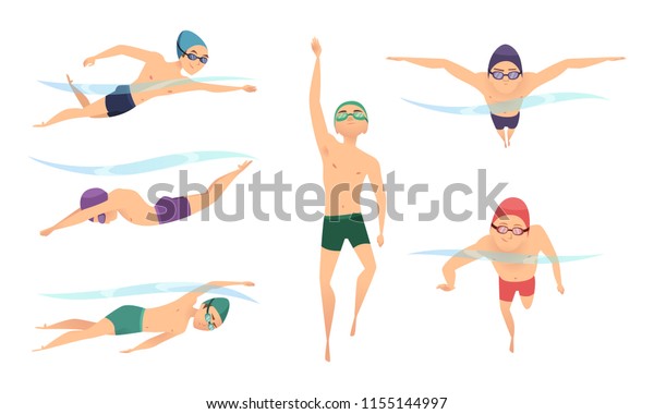 ベクター画像泳者 さまざまなキャラクターがアクションポーズで泳ぎます スイマーのキャラクター プールイラストのスポーツマンアクション のベクター画像素材 ロイヤリティフリー