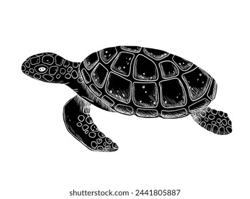 Vector swimming glyph sea turtle isolated on white background. Hand drawn monochrome illustration ocean or underwater animal