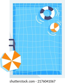 Vector swimming pool with a ball and swimming ring and umbrella. Swimming pool. Circular resort pool.