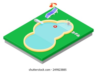 Vector swimming pool with a diving board with a sun bed and parasol. Swimming pool with sun bed and parasol. Circular resort pool with diving board.