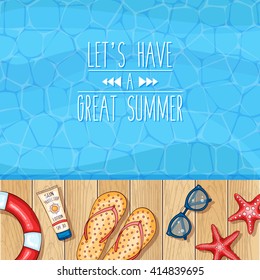 Vector swimming pool illustration with beach accessories on wooden plank platform. Summer vacation background