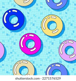 Vector swimming pool inflated rings seamless pattern. Summertime digital paper. Water surface visual illusion illustration. Colorful tile repeat backdrop. Summer fabric textile design background