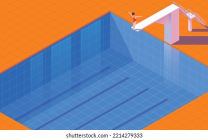 Piscina vectorial en isometría. Ilustración de un nadador antes de un salto. competición deportiva.