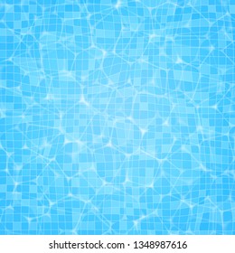 Vector swimming pool ripple water texture surface with sunlight glare background. Top view summer background