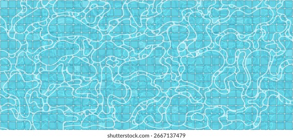 Superficie del agua de la piscina del Vector. Abstractas fondo de azulejos azules con reflejos solares ondulados. Calmante verano y tema acuático.