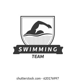 Logo del equipo de natación de vectores. Silueta de nadador en el agua. Insignia creativa. Concepto de triatlón. Diseño plano.