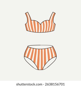 Vector swimsuit illustration with orange swimsuit with stripes in retro style. Summer vibe illustration use for print, element design, invitation, card, package.