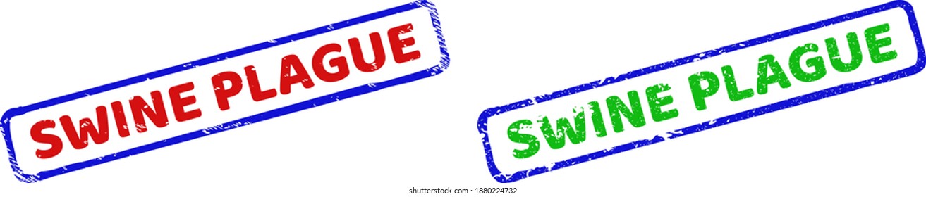 Vector SWINE PLAGUE framed watermarks with grunge texture. Rough bicolor rectangle watermarks. Red, blue, green colors used. Flat grunge seals with SWINE PLAGUE message inside rough rectangle frame.