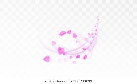 Vector swirl of flying pink petals with soft glowing light trail on transparent background. Romantic and elegant design element for greetings, cosmetics ads, wedding or beauty projects.

