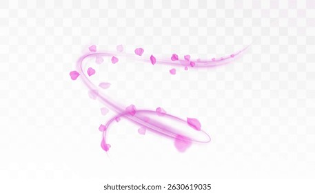 Vector swirl of flying pink petals with soft glowing light trail on transparent background. Romantic and elegant design element for greetings, cosmetics ads, wedding or beauty projects.


