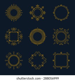 Vector swirl frames, set of retro logos on the dark background.