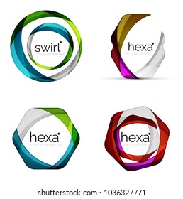 Vector swirl hexagon set, geometric business icons or web banners templates with sample slogan. Created with color overlapping transparent shapes. Vector illustration