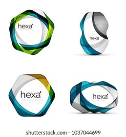 Vector swirl hexagon set, geometric business icons or web banners templates with sample slogan. Created with color overlapping transparent shapes. Vector illustration
