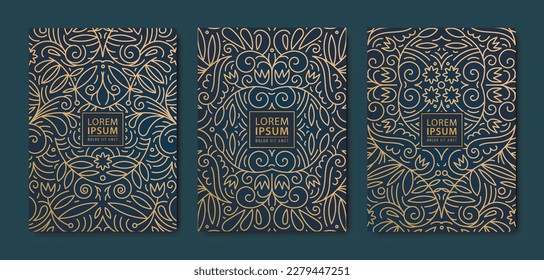 Vector swirl leaves patterns. Floral golden elements template in vintage style. Luxury black line covers, flyers, brochures, packaging design, social media post, banners.