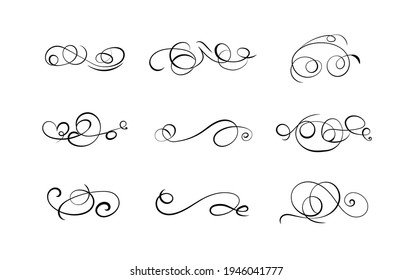 Vector swirl lines set isolated on white background, black lines, flourish frames, filigree elements.