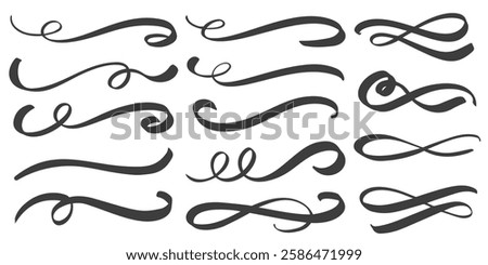 Vector swirl lines. Swash and flourish underlines. Hand drawn swish and swooshes. Calligraphic elegant vintage curved squiggles. Doodle fancy dividers on white background.