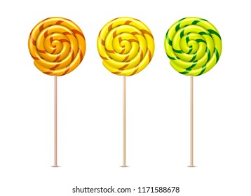 Vector swirl lollipops set. Orange, yellow and green spiral sucker candy, realistic sweet dessert food, striped delicious snack. Kids colorful tasty treat collection, isolated illustration.