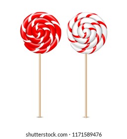 Vector swirl lollipops set. Red and white spiral sucker candy, realistic sweet dessert food, striped delicious snack. Kids colorful tasty treat collection, isolated illustration.