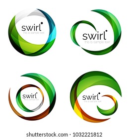 Vector swirl set, geometric business icons or web banners templates with sample slogan. Created with color overlapping transparent shapes. Vector illustration