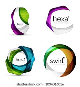 Vector swirl set, geometric business icons or web banners templates with sample slogan. Created with color overlapping transparent shapes. Vector illustration