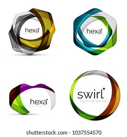 Conjunto de vectores, iconos geométricos de negocio o plantillas de banners web con eslogan de ejemplo. Creado con formas transparentes superpuestas de color. Ilustración del vector