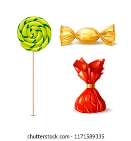 Vector swirl spiral lollipop, chocolate truffle and caramel candy and wrapping set. Orange, green sucker, red yellow candy packaging realistic sweet food, delicious snack. Kids tasty treat collection,