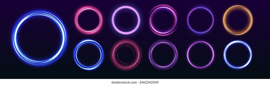 Efecto de rastro de remolino de Vector. Abstractas círculos de fuego de Vector, remolinos brillantes y marcos de espiral de luz de energía.