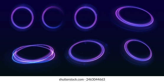 Efecto de rastro de remolino de Vector. Abstractas círculos de fuego de Vector, remolinos brillantes y marcos de espiral de luz de energía.