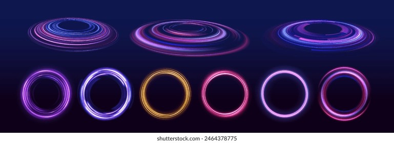 Vector swirl trail effect. Abstract vector fire circles, sparkling swirls and energy light spiral frames.