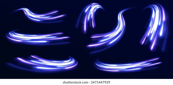 Efecto de rastro de remolino de Vector. Abstractas círculos de fuego de Vector, remolinos brillantes y marcos de espiral de luz de energía. Ilustración de rayo claro, línea de rayas con luz azul, fondo de movimiento rápido.	