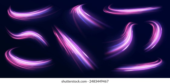 Efecto de rastro de remolino de Vector. Abstractas círculos de fuego de Vector, remolinos brillantes y marcos de espiral de luz de energía. Ilustración de rayo claro, línea de rayas con luz azul, fondo de movimiento rápido.	