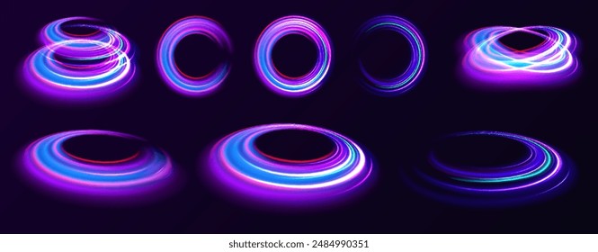 Vector swirl trail effect. Abstract vector fire circles, sparkling swirls and energy light spiral frames.	