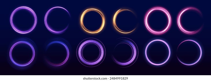 Efecto de rastro de remolino de Vector. Abstractas círculos de fuego de Vector, remolinos brillantes y marcos de espiral de luz de energía.	