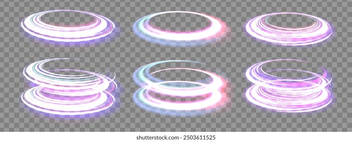 Vector swirl trail effect. Abstract vector fire circles, sparkling swirls and energy light spiral frames.	