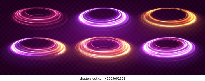 Vector swirl trail effect. Abstract vector fire circles, sparkling swirls and energy light spiral frames.	