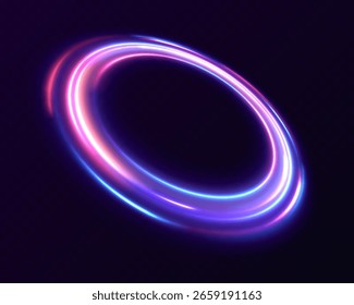 Vector swirl trail effect. Neon ellipse in the form of speed. Glowing spiral. Abstract vector fire circles, sparkling swirls and energy light spiral frames