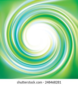 Vector swirling backdrop. Beautiful spiral liquid surface light green and blue colors with glowing white center in middle of funnel 