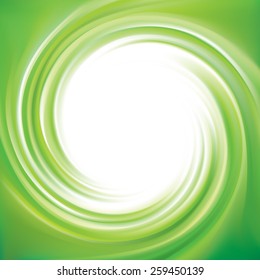 Vector swirling backdrop. Beautiful spiral liquid surface light green color with glowing white center in middle of funnel 