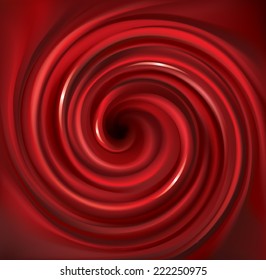 Vector swirling backdrop. Spiral fluid surface deep red color with space for text. Appetizing juice different bright fruits: strawberries, tomatoes, cranberries, raspberries, pomegranate, redcurrants