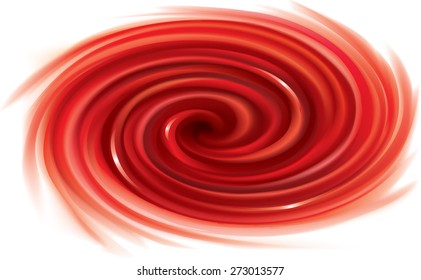 Vector swirling backdrop. Spiral fluid surface deep maroon color with space for text. Appetizing juice different bright fruits: strawberries, beet, cranberries, raspberries,  redcurrants, cherry
