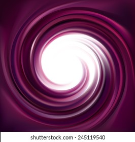 Vector swirling backdrop. Spiral liquid lilac surface with glowing white center in middle of funnel. Petite juice different fruits blue: grape, currant, blueberry, blackberry, mulberry, cherry 