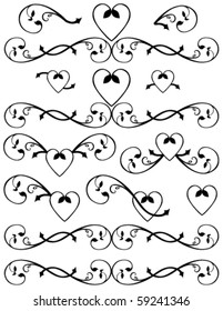 Vector Swirling hearts designs. Unique graphics useful as page dividers, decorations, ornaments and separators.