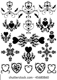 Vector Swirling hearts with flower foliage designs. Unique graphics useful as page dividers, decorations, ornaments and separators.